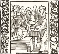 An illustration from Speculum passionis Domini Nostri Ihesu Christi : in quo relucẽt hec omnia singulariter vere & absolute, puta omnis p[er]fectio yerarchie, omniũ fidelium beatitudo, omnes virtutes, dona, fructus, et spiritualiũ bonorũ omnium efficacia, quod in fine prime partis huius speculi manifestissime cõprobat̃ (1507)