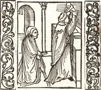 An illustration from Speculum passionis Domini Nostri Ihesu Christi : in quo relucẽt hec omnia singulariter vere & absolute, puta omnis p[er]fectio yerarchie, omniũ fidelium beatitudo, omnes virtutes, dona, fructus, et spiritualiũ bonorũ omnium efficacia, quod in fine prime partis huius speculi manifestissime cõprobat̃ (1507)