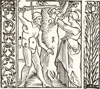 An illustration from Speculum passionis Domini Nostri Ihesu Christi : in quo relucẽt hec omnia singulariter vere & absolute, puta omnis p[er]fectio yerarchie, omniũ fidelium beatitudo, omnes virtutes, dona, fructus, et spiritualiũ bonorũ omnium efficacia, quod in fine prime partis huius speculi manifestissime cõprobat̃ (1507)