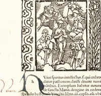 An illustration from Speculum passionis Domini Nostri Ihesu Christi : in quo relucẽt hec omnia singulariter vere & absolute, puta omnis p[er]fectio yerarchie, omniũ fidelium beatitudo, omnes virtutes, dona, fructus, et spiritualiũ bonorũ omnium efficacia, quod in fine prime partis huius speculi manifestissime cõprobat̃ (1507)