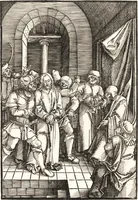 An illustration from Speculum passionis Domini Nostri Ihesu Christi : in quo relucẽt hec omnia singulariter vere & absolute, puta omnis p[er]fectio yerarchie, omniũ fidelium beatitudo, omnes virtutes, dona, fructus, et spiritualiũ bonorũ omnium efficacia, quod in fine prime partis huius speculi manifestissime cõprobat̃ (1507)