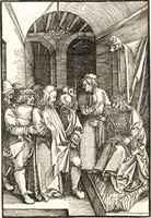 An illustration from Speculum passionis Domini Nostri Ihesu Christi : in quo relucẽt hec omnia singulariter vere & absolute, puta omnis p[er]fectio yerarchie, omniũ fidelium beatitudo, omnes virtutes, dona, fructus, et spiritualiũ bonorũ omnium efficacia, quod in fine prime partis huius speculi manifestissime cõprobat̃ (1507)