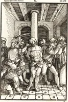 An illustration from Speculum passionis Domini Nostri Ihesu Christi : in quo relucẽt hec omnia singulariter vere & absolute, puta omnis p[er]fectio yerarchie, omniũ fidelium beatitudo, omnes virtutes, dona, fructus, et spiritualiũ bonorũ omnium efficacia, quod in fine prime partis huius speculi manifestissime cõprobat̃ (1507)