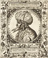 An illustration from Vitae et icones sultanorum Turcicorum, principum Persarum aliorumq[ue] illustrium heroum heroinarumq[ue] ab Osmane usq[ue] ad Mahometem II : ad vivum ex antiquis mettallis effictae, primum ex Co[n]sta[n]tinopoli D. Imp. Ferdina[n]do oblatae nunc descriptae & tetras[t]ichis succinctis illustratae (1596)