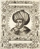 An illustration from Vitae et icones sultanorum Turcicorum, principum Persarum aliorumq[ue] illustrium heroum heroinarumq[ue] ab Osmane usq[ue] ad Mahometem II : ad vivum ex antiquis mettallis effictae, primum ex Co[n]sta[n]tinopoli D. Imp. Ferdina[n]do oblatae nunc descriptae & tetras[t]ichis succinctis illustratae (1596)