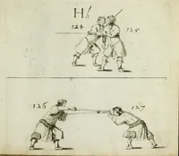 An illustration from Grondige beschryvinge van de edele ende ridderlijcke scherm- ofte wapen-konste : noyt diergelijcke in dese nederduytse tale in den druck uytgegaen, met veele schoone kopere figueren verciert (1676)