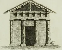 An illustration from Grotesque architecture, or, Rural amusement : consisting of plans, elevations, and sections, for huts, retreats, summer and winter hermitages, terminaries, Chinese, Gothic, and natural grottos, cascades, baths, mosques, Moresque pavilions, grotesque and rustic seats, green-houses, &c. : many of which may be executed with flints, irregular stones, rude branches, and roots of trees : the whole containing twenty-eight new designs, with scales to each : to which is added, an explanation, with the method of executing them (1790)