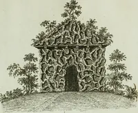 An illustration from Grotesque architecture, or, Rural amusement : consisting of plans, elevations, and sections, for huts, retreats, summer and winter hermitages, terminaries, Chinese, Gothic, and natural grottos, cascades, baths, mosques, Moresque pavilions, grotesque and rustic seats, green-houses, &c. : many of which may be executed with flints, irregular stones, rude branches, and roots of trees : the whole containing twenty-eight new designs, with scales to each : to which is added, an explanation, with the method of executing them (1790)