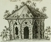An illustration from Grotesque architecture, or, Rural amusement : consisting of plans, elevations, and sections, for huts, retreats, summer and winter hermitages, terminaries, Chinese, Gothic, and natural grottos, cascades, baths, mosques, Moresque pavilions, grotesque and rustic seats, green-houses, &c. : many of which may be executed with flints, irregular stones, rude branches, and roots of trees : the whole containing twenty-eight new designs, with scales to each : to which is added, an explanation, with the method of executing them (1790)