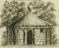 An illustration from Grotesque architecture, or, Rural amusement : consisting of plans, elevations, and sections, for huts, retreats, summer and winter hermitages, terminaries, Chinese, Gothic, and natural grottos, cascades, baths, mosques, Moresque pavilions, grotesque and rustic seats, green-houses, &c. : many of which may be executed with flints, irregular stones, rude branches, and roots of trees : the whole containing twenty-eight new designs, with scales to each : to which is added, an explanation, with the method of executing them (1790)