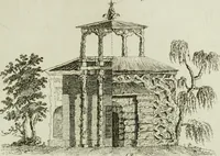 An illustration from Grotesque architecture, or, Rural amusement : consisting of plans, elevations, and sections, for huts, retreats, summer and winter hermitages, terminaries, Chinese, Gothic, and natural grottos, cascades, baths, mosques, Moresque pavilions, grotesque and rustic seats, green-houses, &c. : many of which may be executed with flints, irregular stones, rude branches, and roots of trees : the whole containing twenty-eight new designs, with scales to each : to which is added, an explanation, with the method of executing them (1790)