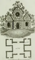 An illustration from Grotesque architecture, or, Rural amusement : consisting of plans, elevations, and sections, for huts, retreats, summer and winter hermitages, terminaries, Chinese, Gothic, and natural grottos, cascades, baths, mosques, Moresque pavilions, grotesque and rustic seats, green-houses, &c. : many of which may be executed with flints, irregular stones, rude branches, and roots of trees : the whole containing twenty-eight new designs, with scales to each : to which is added, an explanation, with the method of executing them (1790)