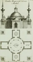 An illustration from Grotesque architecture, or, Rural amusement : consisting of plans, elevations, and sections, for huts, retreats, summer and winter hermitages, terminaries, Chinese, Gothic, and natural grottos, cascades, baths, mosques, Moresque pavilions, grotesque and rustic seats, green-houses, &c. : many of which may be executed with flints, irregular stones, rude branches, and roots of trees : the whole containing twenty-eight new designs, with scales to each : to which is added, an explanation, with the method of executing them (1790)