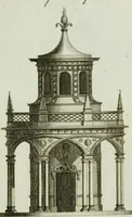 An illustration from Grotesque architecture, or, Rural amusement : consisting of plans, elevations, and sections, for huts, retreats, summer and winter hermitages, terminaries, Chinese, Gothic, and natural grottos, cascades, baths, mosques, Moresque pavilions, grotesque and rustic seats, green-houses, &c. : many of which may be executed with flints, irregular stones, rude branches, and roots of trees : the whole containing twenty-eight new designs, with scales to each : to which is added, an explanation, with the method of executing them (1790)