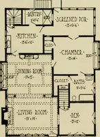An illustration from Guaranteed building plans with interior views and details : a standard collection of new, original and artistic designs of cottages, bungalows, residences and flats of frame, brick, cement, plaster, concrete blocks, hollow tile, stucco, etc. and farm buildings of all descriptions together with interior and exterior details and interior views arranged and described by William A. Radford. (1915)