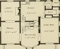 An illustration from Guaranteed building plans with interior views and details : a standard collection of new, original and artistic designs of cottages, bungalows, residences and flats of frame, brick, cement, plaster, concrete blocks, hollow tile, stucco, etc. and farm buildings of all descriptions together with interior and exterior details and interior views arranged and described by William A. Radford. (1915)