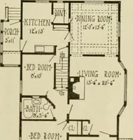 An illustration from Guaranteed building plans with interior views and details : a standard collection of new, original and artistic designs of cottages, bungalows, residences and flats of frame, brick, cement, plaster, concrete blocks, hollow tile, stucco, etc. and farm buildings of all descriptions together with interior and exterior details and interior views arranged and described by William A. Radford. (1915)