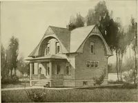 An illustration from Guaranteed building plans with interior views and details : a standard collection of new, original and artistic designs of cottages, bungalows, residences and flats of frame, brick, cement, plaster, concrete blocks, hollow tile, stucco, etc. and farm buildings of all descriptions together with interior and exterior details and interior views arranged and described by William A. Radford. (1915)