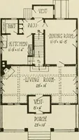 An illustration from Guaranteed building plans with interior views and details : a standard collection of new, original and artistic designs of cottages, bungalows, residences and flats of frame, brick, cement, plaster, concrete blocks, hollow tile, stucco, etc. and farm buildings of all descriptions together with interior and exterior details and interior views arranged and described by William A. Radford. (1915)