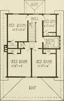 An illustration from Guaranteed building plans with interior views and details : a standard collection of new, original and artistic designs of cottages, bungalows, residences and flats of frame, brick, cement, plaster, concrete blocks, hollow tile, stucco, etc. and farm buildings of all descriptions together with interior and exterior details and interior views arranged and described by William A. Radford. (1915)
