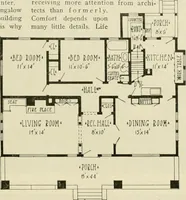 An illustration from Guaranteed building plans with interior views and details : a standard collection of new, original and artistic designs of cottages, bungalows, residences and flats of frame, brick, cement, plaster, concrete blocks, hollow tile, stucco, etc. and farm buildings of all descriptions together with interior and exterior details and interior views arranged and described by William A. Radford. (1915)