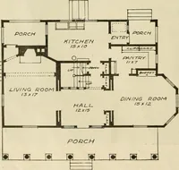 An illustration from Guaranteed building plans with interior views and details : a standard collection of new, original and artistic designs of cottages, bungalows, residences and flats of frame, brick, cement, plaster, concrete blocks, hollow tile, stucco, etc. and farm buildings of all descriptions together with interior and exterior details and interior views arranged and described by William A. Radford. (1915)