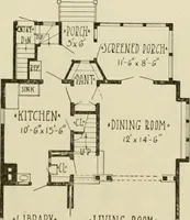 An illustration from Guaranteed building plans with interior views and details : a standard collection of new, original and artistic designs of cottages, bungalows, residences and flats of frame, brick, cement, plaster, concrete blocks, hollow tile, stucco, etc. and farm buildings of all descriptions together with interior and exterior details and interior views arranged and described by William A. Radford. (1915)