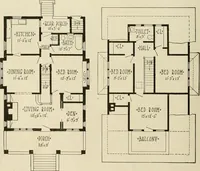 An illustration from Guaranteed building plans with interior views and details : a standard collection of new, original and artistic designs of cottages, bungalows, residences and flats of frame, brick, cement, plaster, concrete blocks, hollow tile, stucco, etc. and farm buildings of all descriptions together with interior and exterior details and interior views arranged and described by William A. Radford. (1915)