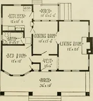 An illustration from Guaranteed building plans with interior views and details : a standard collection of new, original and artistic designs of cottages, bungalows, residences and flats of frame, brick, cement, plaster, concrete blocks, hollow tile, stucco, etc. and farm buildings of all descriptions together with interior and exterior details and interior views arranged and described by William A. Radford. (1915)