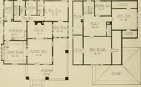An illustration from Guaranteed building plans with interior views and details : a standard collection of new, original and artistic designs of cottages, bungalows, residences and flats of frame, brick, cement, plaster, concrete blocks, hollow tile, stucco, etc. and farm buildings of all descriptions together with interior and exterior details and interior views arranged and described by William A. Radford. (1915)