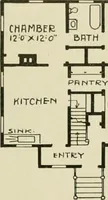 An illustration from Guaranteed building plans with interior views and details : a standard collection of new, original and artistic designs of cottages, bungalows, residences and flats of frame, brick, cement, plaster, concrete blocks, hollow tile, stucco, etc. and farm buildings of all descriptions together with interior and exterior details and interior views arranged and described by William A. Radford. (1915)