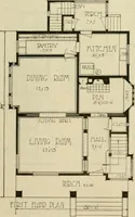 An illustration from Guaranteed building plans with interior views and details : a standard collection of new, original and artistic designs of cottages, bungalows, residences and flats of frame, brick, cement, plaster, concrete blocks, hollow tile, stucco, etc. and farm buildings of all descriptions together with interior and exterior details and interior views arranged and described by William A. Radford. (1915)