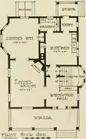 An illustration from Guaranteed building plans with interior views and details : a standard collection of new, original and artistic designs of cottages, bungalows, residences and flats of frame, brick, cement, plaster, concrete blocks, hollow tile, stucco, etc. and farm buildings of all descriptions together with interior and exterior details and interior views arranged and described by William A. Radford. (1915)