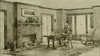 An illustration from Guaranteed building plans with interior views and details : a standard collection of new, original and artistic designs of cottages, bungalows, residences and flats of frame, brick, cement, plaster, concrete blocks, hollow tile, stucco, etc. and farm buildings of all descriptions together with interior and exterior details and interior views arranged and described by William A. Radford. (1915)