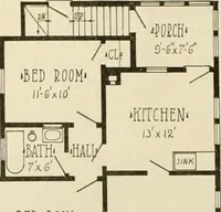 An illustration from Guaranteed building plans with interior views and details : a standard collection of new, original and artistic designs of cottages, bungalows, residences and flats of frame, brick, cement, plaster, concrete blocks, hollow tile, stucco, etc. and farm buildings of all descriptions together with interior and exterior details and interior views arranged and described by William A. Radford. (1915)