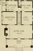 An illustration from Guaranteed building plans with interior views and details : a standard collection of new, original and artistic designs of cottages, bungalows, residences and flats of frame, brick, cement, plaster, concrete blocks, hollow tile, stucco, etc. and farm buildings of all descriptions together with interior and exterior details and interior views arranged and described by William A. Radford. (1915)