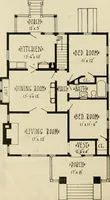 An illustration from Guaranteed building plans with interior views and details : a standard collection of new, original and artistic designs of cottages, bungalows, residences and flats of frame, brick, cement, plaster, concrete blocks, hollow tile, stucco, etc. and farm buildings of all descriptions together with interior and exterior details and interior views arranged and described by William A. Radford. (1915)