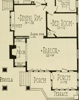 An illustration from Guaranteed building plans with interior views and details : a standard collection of new, original and artistic designs of cottages, bungalows, residences and flats of frame, brick, cement, plaster, concrete blocks, hollow tile, stucco, etc. and farm buildings of all descriptions together with interior and exterior details and interior views arranged and described by William A. Radford. (1915)