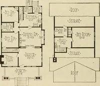 An illustration from Guaranteed building plans with interior views and details : a standard collection of new, original and artistic designs of cottages, bungalows, residences and flats of frame, brick, cement, plaster, concrete blocks, hollow tile, stucco, etc. and farm buildings of all descriptions together with interior and exterior details and interior views arranged and described by William A. Radford. (1915)
