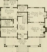 An illustration from Guaranteed building plans with interior views and details : a standard collection of new, original and artistic designs of cottages, bungalows, residences and flats of frame, brick, cement, plaster, concrete blocks, hollow tile, stucco, etc. and farm buildings of all descriptions together with interior and exterior details and interior views arranged and described by William A. Radford. (1915)