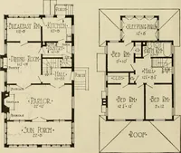 An illustration from Guaranteed building plans with interior views and details : a standard collection of new, original and artistic designs of cottages, bungalows, residences and flats of frame, brick, cement, plaster, concrete blocks, hollow tile, stucco, etc. and farm buildings of all descriptions together with interior and exterior details and interior views arranged and described by William A. Radford. (1915)