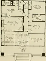 An illustration from Guaranteed building plans with interior views and details : a standard collection of new, original and artistic designs of cottages, bungalows, residences and flats of frame, brick, cement, plaster, concrete blocks, hollow tile, stucco, etc. and farm buildings of all descriptions together with interior and exterior details and interior views arranged and described by William A. Radford. (1915)