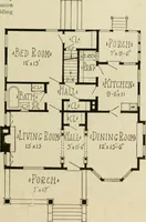 An illustration from Guaranteed building plans with interior views and details : a standard collection of new, original and artistic designs of cottages, bungalows, residences and flats of frame, brick, cement, plaster, concrete blocks, hollow tile, stucco, etc. and farm buildings of all descriptions together with interior and exterior details and interior views arranged and described by William A. Radford. (1915)