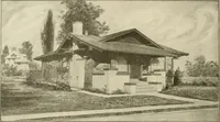 An illustration from Guaranteed building plans with interior views and details : a standard collection of new, original and artistic designs of cottages, bungalows, residences and flats of frame, brick, cement, plaster, concrete blocks, hollow tile, stucco, etc. and farm buildings of all descriptions together with interior and exterior details and interior views arranged and described by William A. Radford. (1915)