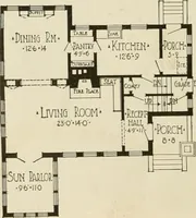 An illustration from Guaranteed building plans with interior views and details : a standard collection of new, original and artistic designs of cottages, bungalows, residences and flats of frame, brick, cement, plaster, concrete blocks, hollow tile, stucco, etc. and farm buildings of all descriptions together with interior and exterior details and interior views arranged and described by William A. Radford. (1915)