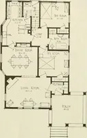An illustration from Guaranteed building plans with interior views and details : a standard collection of new, original and artistic designs of cottages, bungalows, residences and flats of frame, brick, cement, plaster, concrete blocks, hollow tile, stucco, etc. and farm buildings of all descriptions together with interior and exterior details and interior views arranged and described by William A. Radford. (1915)
