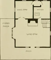 An illustration from Guaranteed building plans with interior views and details : a standard collection of new, original and artistic designs of cottages, bungalows, residences and flats of frame, brick, cement, plaster, concrete blocks, hollow tile, stucco, etc. and farm buildings of all descriptions together with interior and exterior details and interior views arranged and described by William A. Radford. (1915)