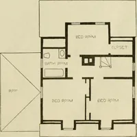 An illustration from Guaranteed building plans with interior views and details : a standard collection of new, original and artistic designs of cottages, bungalows, residences and flats of frame, brick, cement, plaster, concrete blocks, hollow tile, stucco, etc. and farm buildings of all descriptions together with interior and exterior details and interior views arranged and described by William A. Radford. (1915)