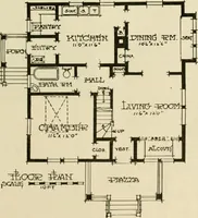 An illustration from Guaranteed building plans with interior views and details : a standard collection of new, original and artistic designs of cottages, bungalows, residences and flats of frame, brick, cement, plaster, concrete blocks, hollow tile, stucco, etc. and farm buildings of all descriptions together with interior and exterior details and interior views arranged and described by William A. Radford. (1915)