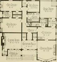 An illustration from Guaranteed building plans with interior views and details : a standard collection of new, original and artistic designs of cottages, bungalows, residences and flats of frame, brick, cement, plaster, concrete blocks, hollow tile, stucco, etc. and farm buildings of all descriptions together with interior and exterior details and interior views arranged and described by William A. Radford. (1915)